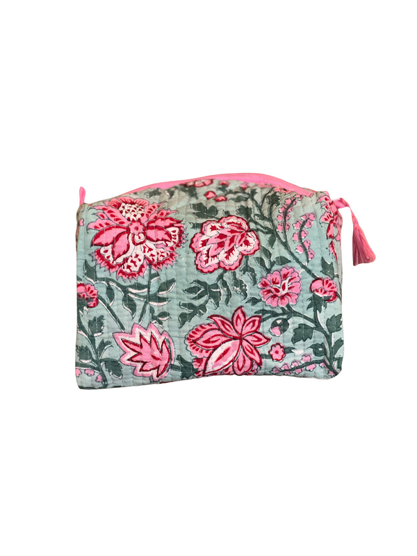 Color Block Pink and Aqua Canvas Makeup Bag